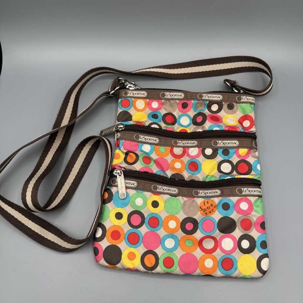 Vtg Lesportsac Cross Body Messenger Bright Circle Print 3 Zipper
